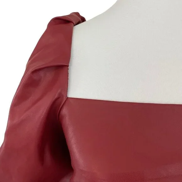 Mare Mare x Anthropologie Red Faux Leather Puff Sleeve Bow Back Dress Medium - Picture 11 of 14